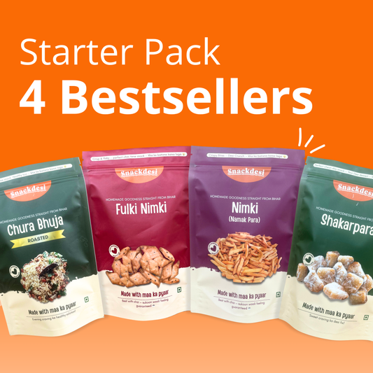 Starter Pack (4 Bestsellers, 200g Each) – Fulki Nimki, Chura Bhuja, Namak Para & Shakarpara