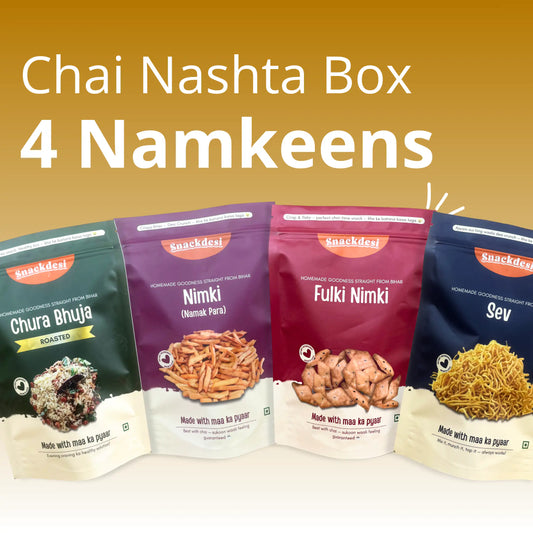 Chai Nashta Box (4 Namkeens, 200g Each) – Chura Bhuja, Nimki (Namak Para), Fulki Nimki & Sev