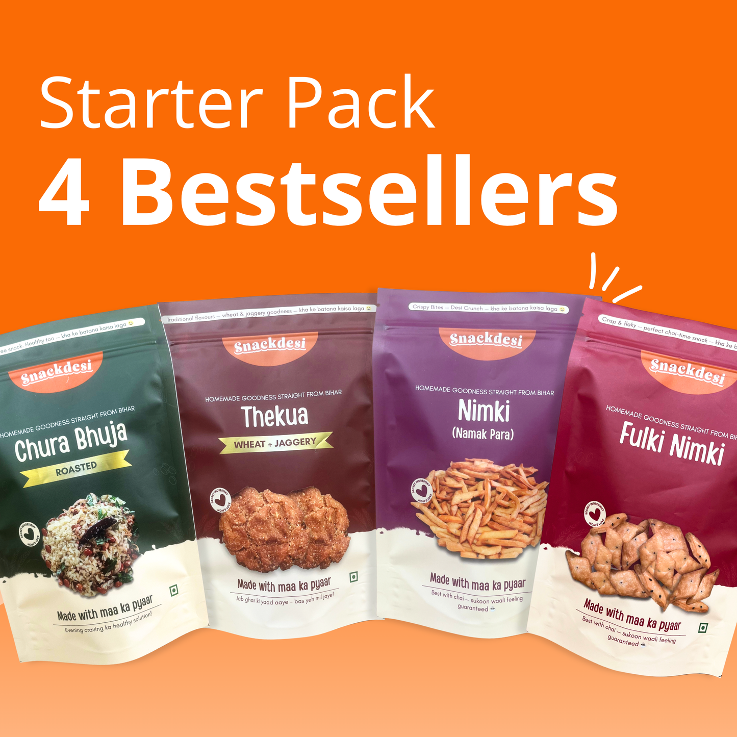 Starter Pack (4 Bestsellers, 200g Each) – Chura Bhuja, Gud Thekua, Nimki (Namak Para) & Fulki Nimki