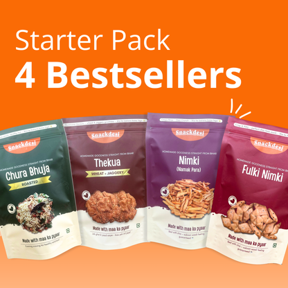 Starter Pack (4 Bestsellers, 200g Each) – Chura Bhuja, Gud Thekua, Nimki (Namak Para) & Fulki Nimki
