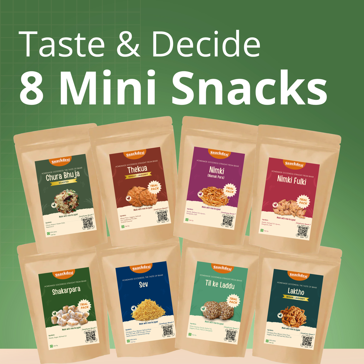 Taste & Decide (8 Mini Snacks, 50g Each) – Chura Bhuja, Thekua, Nimki (Namak Para), Fulki Nimki, Shakarpara, Sev, Til Laddu & Laktho