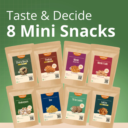 Taste & Decide (8 Mini Snacks, 50g Each) – Chura Bhuja, Thekua, Nimki (Namak Para), Fulki Nimki, Shakarpara, Sev, Til Laddu & Laktho