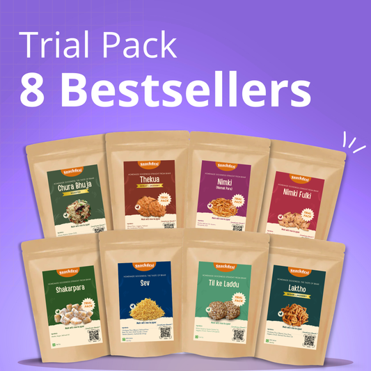 Trial Pack (8 Bestsellers, 95g Each) – Chura Bhuja, Gud Thekua, Nimki (Namak Para), Fulki Nimki, Shakarpara, Sev, Til Laddu & Laktho